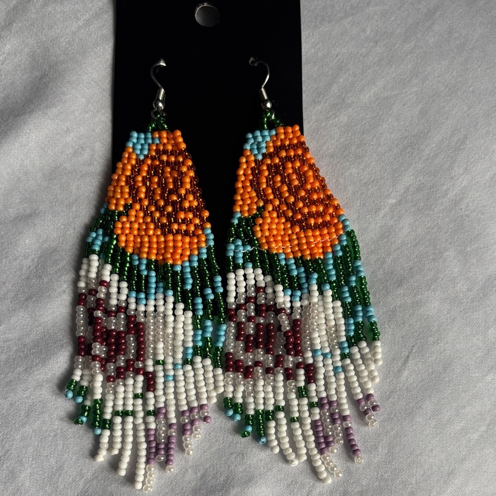 Handmade Orange Rose Beaded Fringe Earrings - Women Jewelry